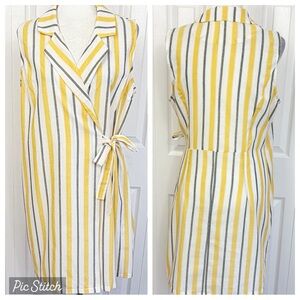 Iris Bloom Yellow & White Stripe Collared True Wrap Mini Shirtdress Large
